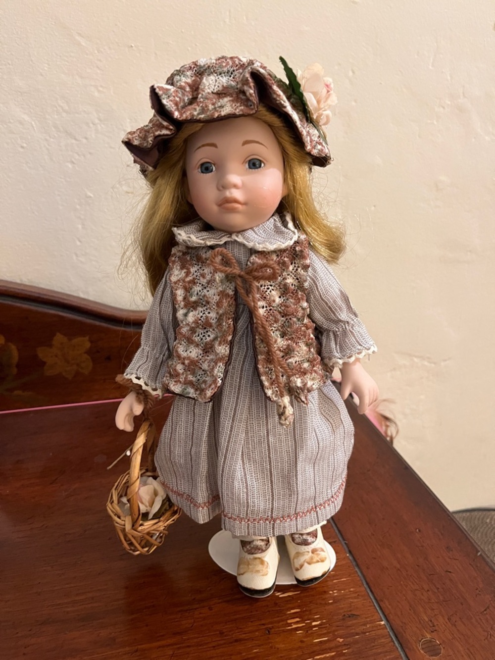 Porcelain Decorative Doll in Cream and Brown Outfit